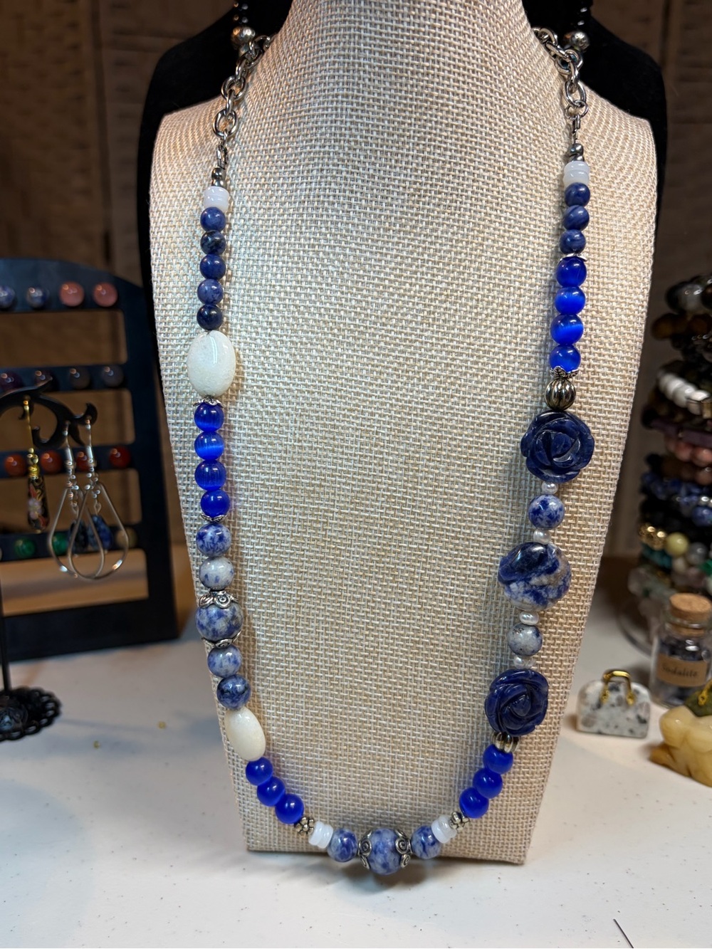 "Evening Roses"  Sodalite, Quartz, and Cats Eye Glass Artisan Necklace - Picture 2 of 6